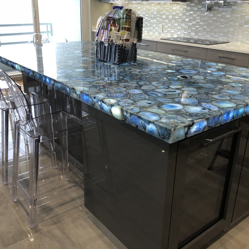 Back lit blue agate island counter top