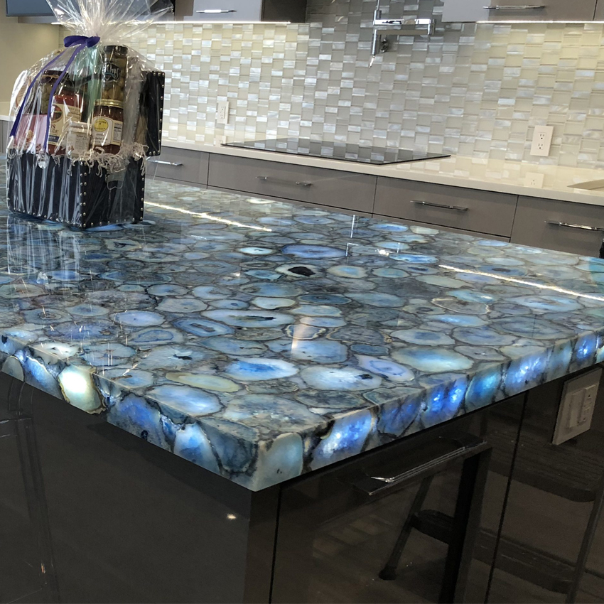 Back lit blue agate island counter top