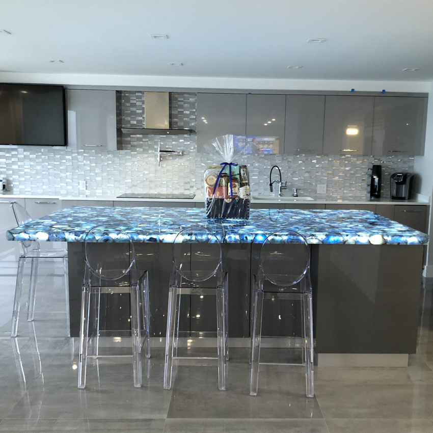 Back lit blue agate island counter top